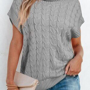 Cable Knit Turtleneck Batwing Short Sleeve Sweater